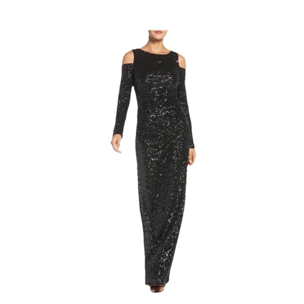Vince Camuto Black Sequin Maxi Dress Women 4 Cold Shoulder Formal Evening Gown